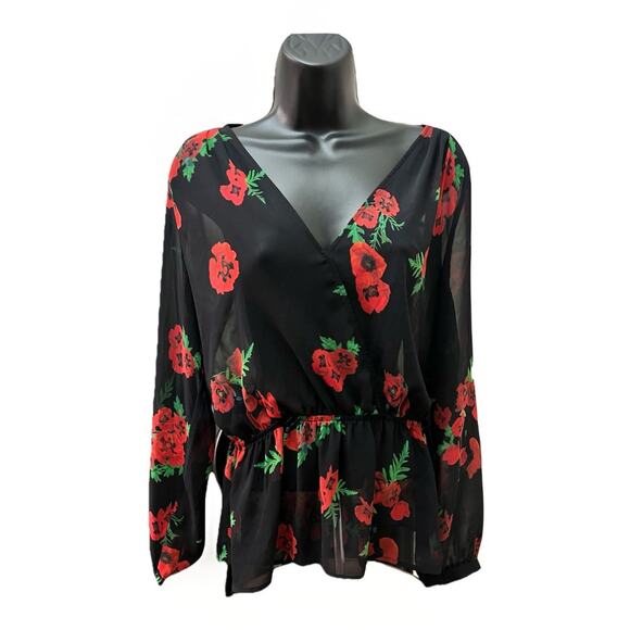 Express Women’s Medium Black Sheer Blouse Red Floral Print Long Sleeve Top - Picture 1 of 6